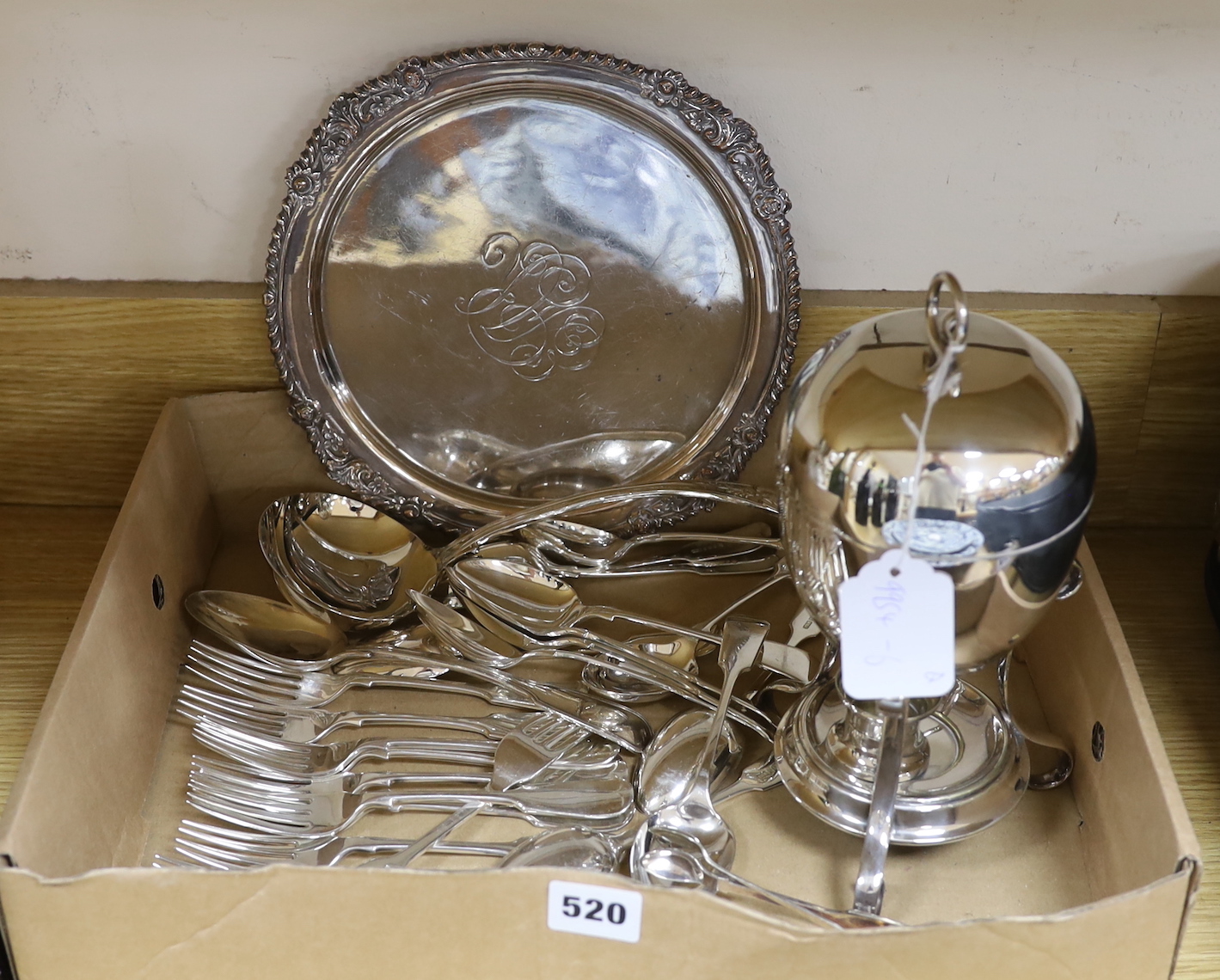 Assorted plated cutlery, an egg coddler, etc